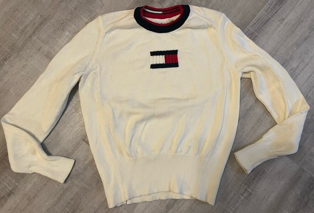VTG Y2K Tommy Hilfiger Sweater Cream Red Blue Logo Crew Neck Fitted Knit M